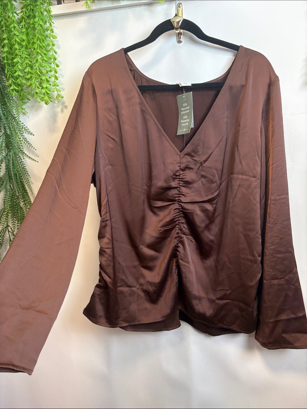 H&M Chocolate Brown Satin V-Neck Ruched Blouse
